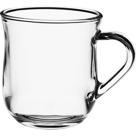 Tazza in vetro con manico, 320 ml, a forma di barilotto, incolore, liscia (1/2)