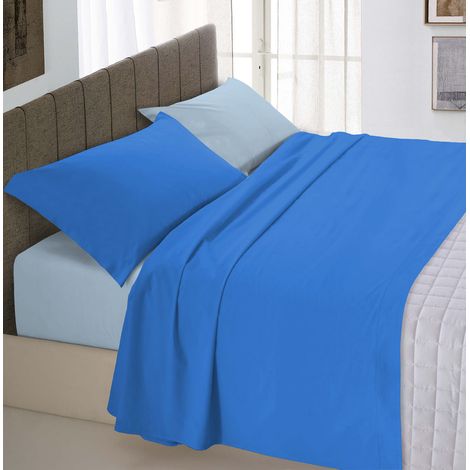 Completo letto totalmente realizzato in  cotone a  tinta unita bicolore Royal/Azzurro - 1 Piazza e Mezza