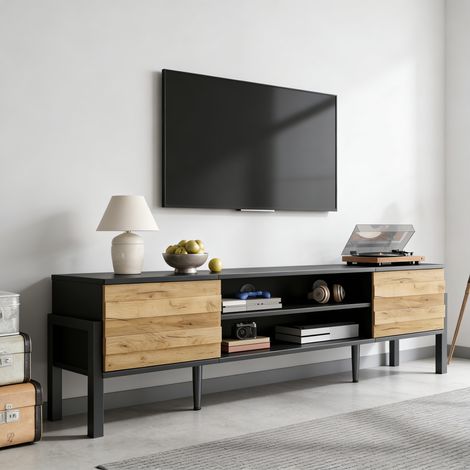 TV-Schrank aus Spanplatte in Schwarz/Holzfarbe, 175 x 39,5 x 53 cm, mit 2 Türen, offenen Fächern und verstellbaren Böden