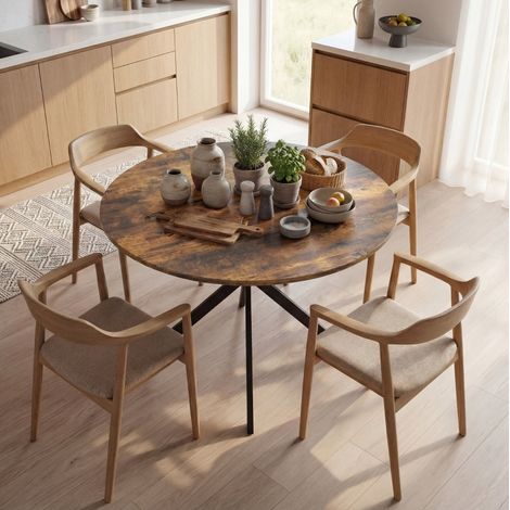 Tavolo da pranzo rotondo 100 cm per 4 persone, stile industriale, marrone rustico, gambe in acciaio (1/5)