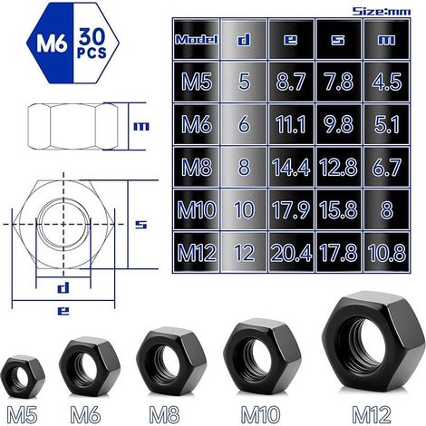 30 écrous hexagonaux M6 en acier zingué noir, pour vis, rondelles, tiges filetées, boulons et fixations, pour une utilisation intérieure et extérieure. (1/5)