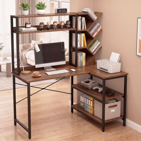 Bureau d'angle en forme de L avec bibliothèque – Bureau d'ordinateur 130 cm avec 5 étagère noyer (1/5)