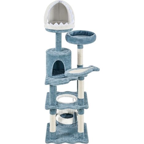 Yaheetech – Arbre à chat marin 155 cm – Niche requin, hamac, perchoir poisson – Poteaux sisal, panneaux E1 – Bleu/Blanc (1/5)