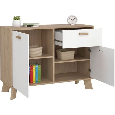 Dmora - Aparador Deirdr, Bufé de salón, Aparador de salón, Despensa de cocina, 99x39 h73 cm, Roble y Blanco