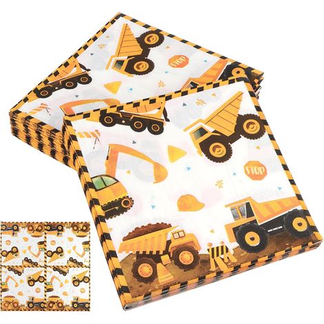100 Pièces Serviettes Papier Chantier Enfant,33 x 33 cm Serviettes Pelleteuse Decoration Anniversaire Chantier pour Anniversaire Fête d'Enfant Garçon Fille (1/5)