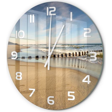 Horloge Murale Ronde Déco Salon Verre Trempé Silencieuse Design Contemporain Plage sur la mer Baltique fi 60 cm (1/5)