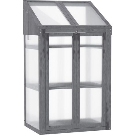 Outsunny Wooden Cold Frame Polycarbonate Greenhouse with Openable Top Cover and Double Door, Grow House for Flower, Vegetable and Plants, 70 x 50 x 120cm, Grey