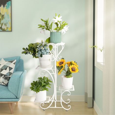 Unho – Porte plantes intérieur extérieur – Étagère échelle en fer forgé – 4 niveaux – 50 x 87 cm – Charge max 10 kg par étagère – Pour balcon jardin terrasse (1/4)