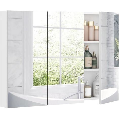 Armoire murale salle de bain avec miroir, armoire de toilette 3 portes miroir, étagères réglables, 91,5x11,5x65cm, blanc (1/5)