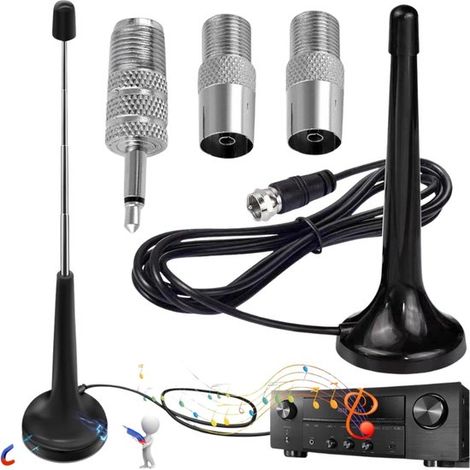 Antenne radio DAB/FM télescopique - 3 adaptateurs et câble d'extension de 3 m - Antenne radio numérique - Antenne radio d'intérieur - Base magnétique (1/5)