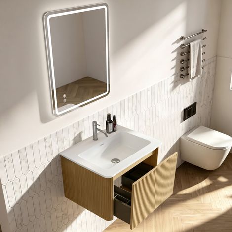 Ensemble meuble salle de bain miroir, plan vasque 60 cm meuble bas prémonté, meuble strié 1 tiroir, miroir LED 60x80 cm sans cadre, coloris chêne (1/5)