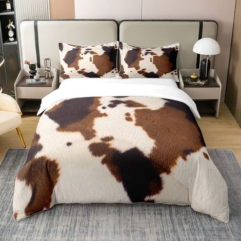 Housse de couette 100 % coton lavé - 135 x 200 cm - Marron et blanc - Motif vache - Décoration de chambre d'enfant - Ferme rustique - Vache (1/5)
