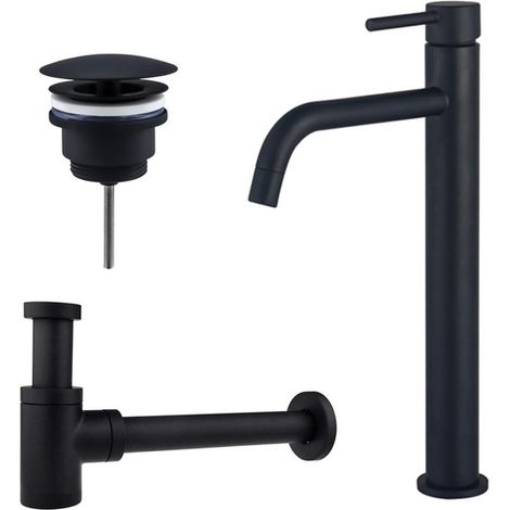 FugaFlow Eccelente Sobrado Slim Slim Kit mitigeur lavabo - robinet rehaussé - bonde non-obturable - siphon design bas - Noir mat (1/4)