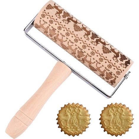 Rouleau À Pâtisserie En Bois - Motif Renne De Noël - Pour Biscuits Et Pâte À Tarte - 13.9 X 4.5 Cm - 1 Pièce