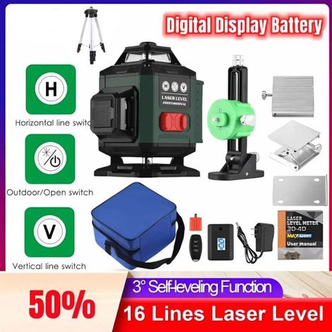 Niveau laser en 4 x 360° 4D 16 Lignes Auo-équilibrage du Niau Laser Vert Rotatif Outil de Niveau Vertical Horizontal avec d'auto-Nivellement IP54 2x1200 mAh Batteries, avec trépied (1/5)