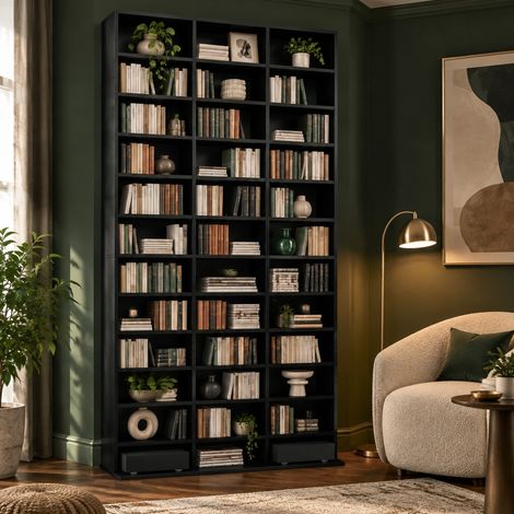Mobile porta CD e DVD in MDF nero, scaffale multimediale con ripiani regolabili su 3 livelli e fissaggio a parete, per casa e ufficio FLORAGRACE (1/5)