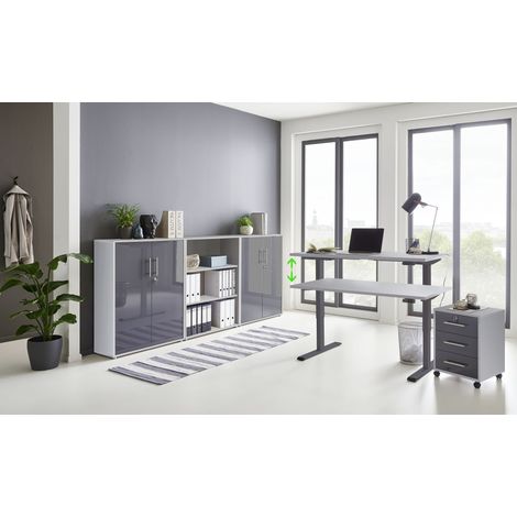BMG Möbel Büromöbel komplett Set mit elektrisch höhenverstellbaren Schreibtisch Arbeitszimmer e-Dition in lichtgrau / anthrazit Hochglanz lackiert/Gestell anthrazit