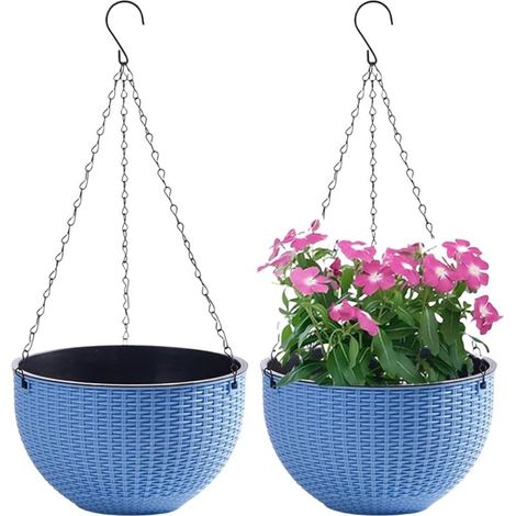 Ensemble de 2 Pots de Fleurs Suspendus avec Chaîne en Acier Inoxydable pour Balcon Intérieur et Extérieur, Calibre 21cm, Bleu - (1/4)