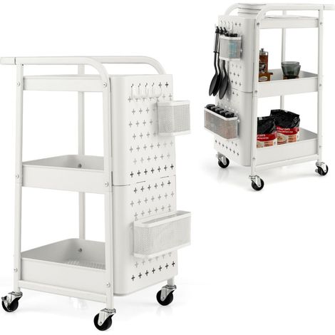 Chariot de rangement roulant 3 niveaux 52 x 33 x 75 cm facile à déplacer avec 4 roulettes ergonomique en acier au carbone blanc