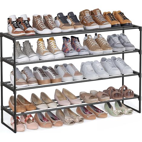 1 Étagère à chaussures, 4 niveaux, métal noir, 30x117x75 cm, empilable, couloir