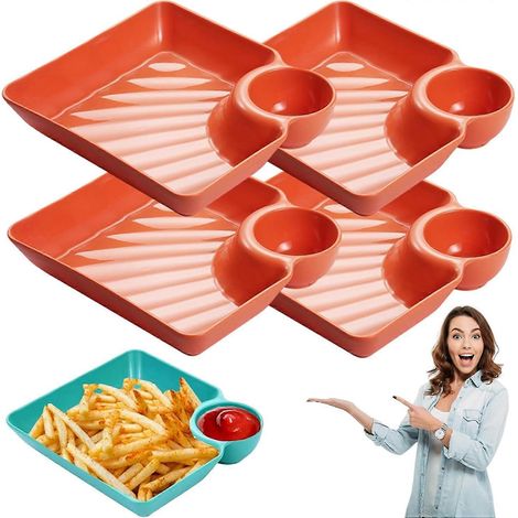 Ensemble 4 assiettes de service orange plastique avec compartiment à sauce, pour chips, salsa, raviolis, sushis, soupes, sandwichs (1/5)