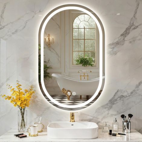 Miroir Ovale Salle de Bain, LED Miroir Salle de Bain Lumineux, Anti-buée, 3 Couleurs Lumière, Dimmable, Mémoire, Verre trempé HD, IP44, Horizontal/Vertical (Ovale, 80 x 50 cm) (1/5)