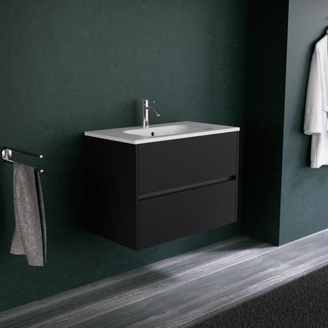 Inda - Badezimmerschrank 2 Schubladen L.80 mit mattem Waschbecken / Mattschwarz - diamante (1/5)
