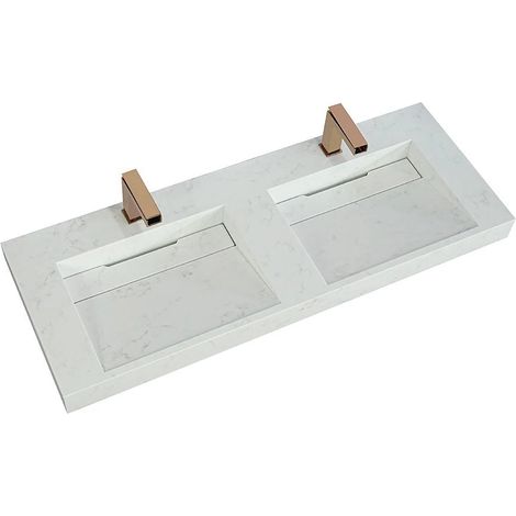 Double vasque suspendue en solid surface effet marbre blanc - L120.2 x l45.2 x H8 cm - KODIAK (1/5)