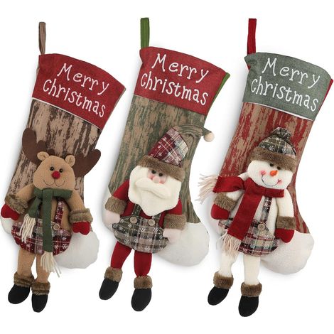 Chaussettes de Noël, 3 lot Sac Cadeau de Noël Cadeau de décoration Ours, élan, Père Noël Ornement Sac de Bonbons Bas de Décoration de Noël-Fei Yu (1/5)
