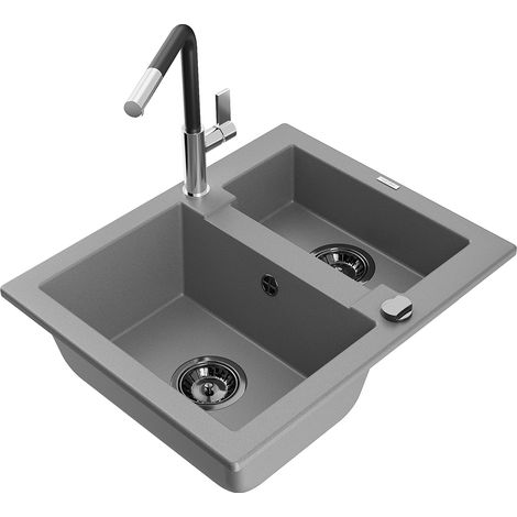 Mexen Carlos fregadero de granito de 1,5 senos con grifo de cocina Flora, gris - 6518-71-670401-07-B (1/5)
