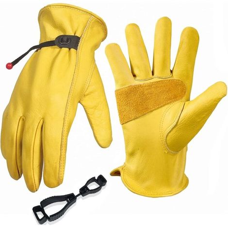 Lot de gants de jardinage jaune épais XL en cuir vache, résistants perforations et coupures (1/5)