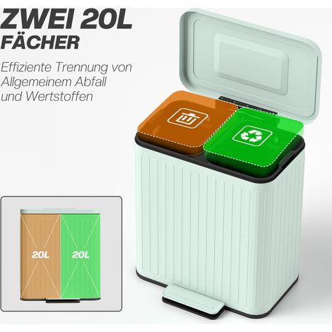 Poubelle de cuisine 40 L (2 x 20 L), corbeille de tri avec pédale, plastique et métal, vert, pour déchets recyclables (1/4)