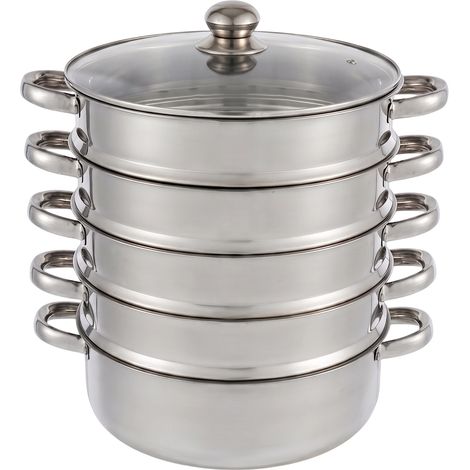 Cuiseur vapeur en acier inoxydable 5 étages 30 cm, casseroles à vapeur, panier vapeur empilable à couvercle transparent, argenté (1/5)