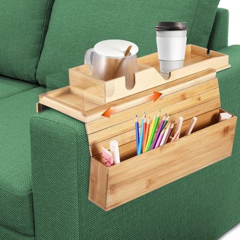 Bandeja flexible de bambú para reposabrazos de sofá: portavasos, reposabrazos, bandeja antideslizante, mesa de centro, soporte para bebidas, teléfono móvil, mando a distancia y tazas.