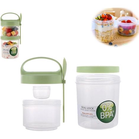 Pot à yaourt à emporter avec cuillère et compartiments – Boîte à lunch 560 ml + 360 ml – Pot à yaourt étanche avec poche à sauce – 22,3 x 9,8 cm – Vert – Pour fruits, yaourt, flocons d'avoine et salad (1/5)