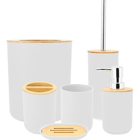 Kit 6 pièces pour salle de bain : porte-savon, support brosse à dents, gobelet rince-bouche et flacon lotion, blanc. (1/5)