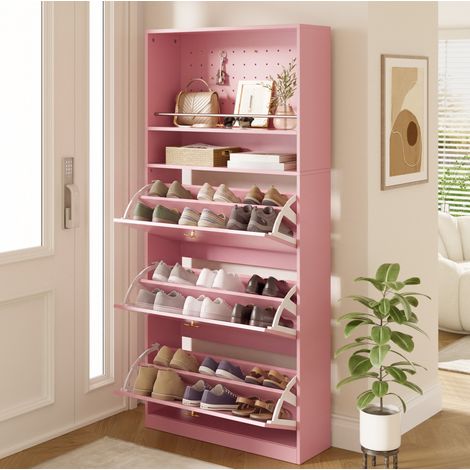 Meuble à chaussures 80x24x178,5 cm en panneaux de bois rose, gain de place pour entrée FloraGrace (1/5)