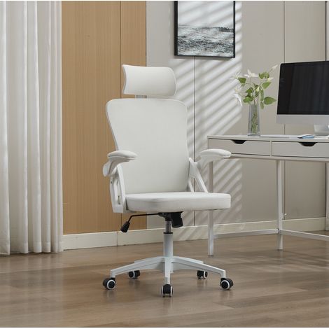 Silla de oficina ergonómica blanca tapizada con respaldo de malla, reposacabezas y apoyo lumbar ajustable (1/5)