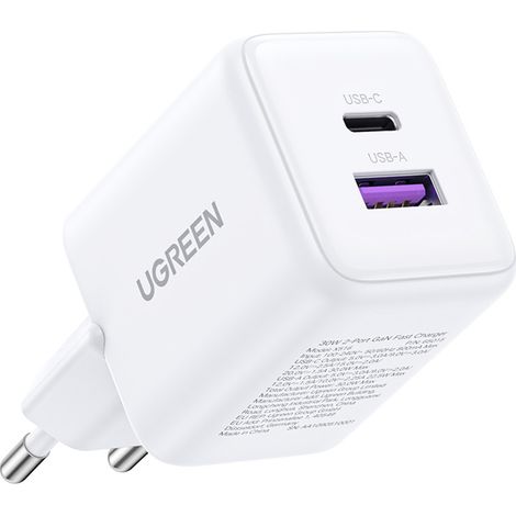 Caricabatterie da parete Ugreen X516 USB + USB-C, GaN, 30W (bianco) (1/4)
