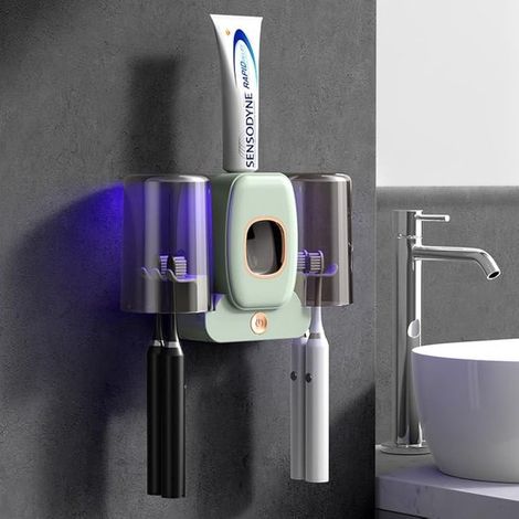 UV-Zahnbürstendesinfektionsgerät wandmontierter Zahnbürstenhalter mit Sterilisationsfunktion automatischer Zahnpastaspender Zahnbürstenhalter für (1/5)