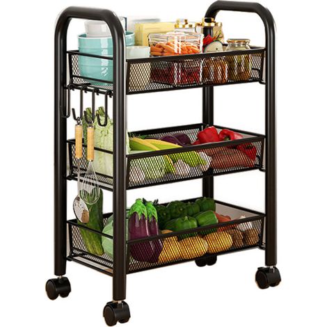 Chariot de rangement à roulettes, étagères de rangement à plusieurs niveaux, paniers à légumes et collations multifonctionnels et mobiles, étagères de cuisine noires à trois niveaux (1/5)