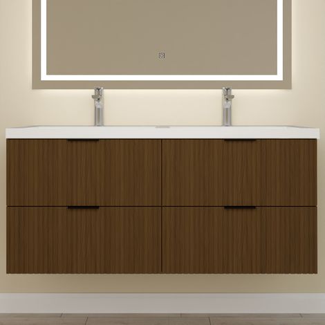 Biubiubath Meuble de Salle de Bain suspendu 120 cm Noyer - Avec 4 tiroirs + double vasque (1/5)