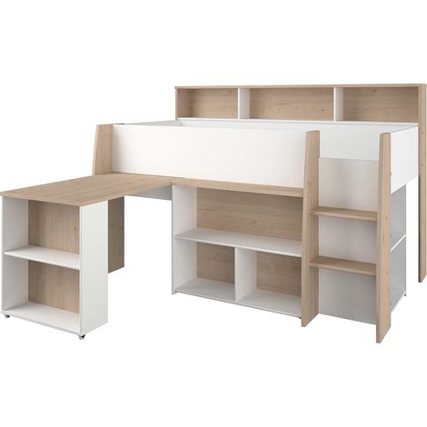 Lit combiné 90 x 200 cm avec bureau et rangements - Blanc et naturel - APOLINO (1/10)