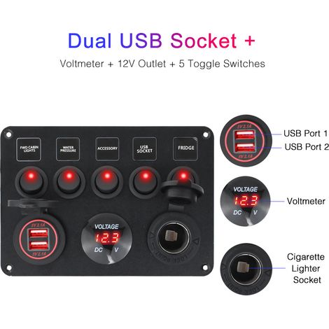 5-Set Waterproof Switch Panel with 12V LED Lights and USB Port Suitable for Cars, Boats, Yachts, Trailers, Trucks, and Voltmeters (1/4)