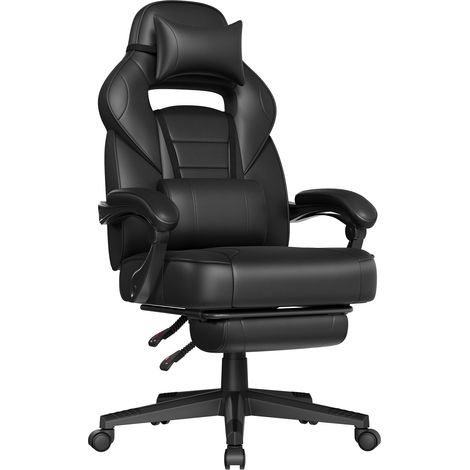 Fauteuil de Bureau, Chaise Gaming, Réglable, Repose-Pieds Télescopique, Mécanisme à Bascule, Appui-tête, Support Lombaire, Charge 150 kg, Noir d'encre OBG073B05 (1/5)
