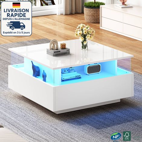 Table fixe 70x70x41 cm avec 2 tiroirs et zone de présentation transparente, charge 30 kg, LED, blanc (1/5)