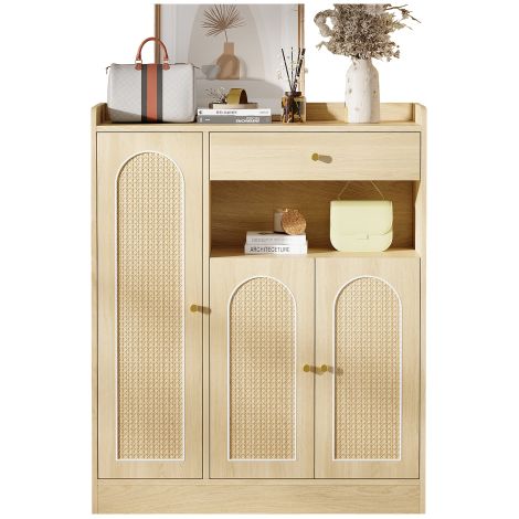 Armoire à chaussures imitation chêne à portes en rotin incurvé dimensions 90×35×110cm 3 portes + 1 tiroir + niche ouverte pour entrée domestique (1/5)