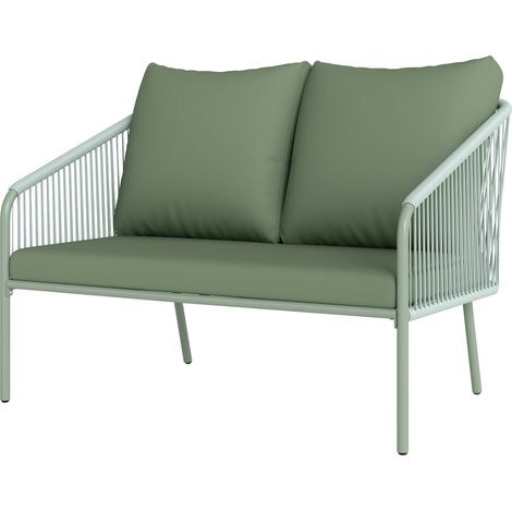 Canapé de jardin 2 places résine tressée vert - Canapé extérieur avec coussins, accoudoirs, cadre acier 112x72x76cm