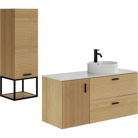 Mobile bagno sospeso striato con lavabo da incasso e colonna con nicchia - 1 anta e 2 cassetti - Naturale chiaro - 120 cm - SARONE (1/5)