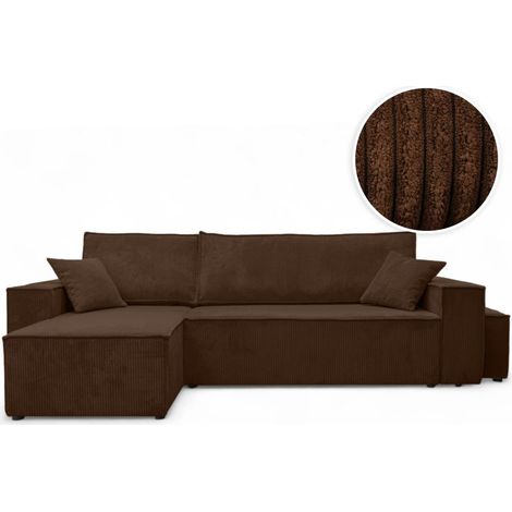 Canapé FARAH d'angle réversible et convertible 4 places avec un pouf en velours côtelé - Marron